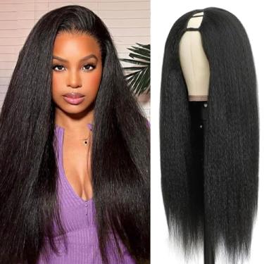 Imagem de Perucas U Part com cordão para mulheres perucas de cabelo humano liso crespo 200% densidade U parte perucas de cabelo humano podem ser tingidas e branqueadas (#1B preto natural, 50,8 cm)