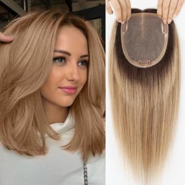 Imagem de HAIRCUBE Toppers para mulheres 100% cabelo humano real, loiro acinzentado, base grande mono de 15,2 cm x 15,5 pol, 65 g movido à mão para mulheres com cabelo fino