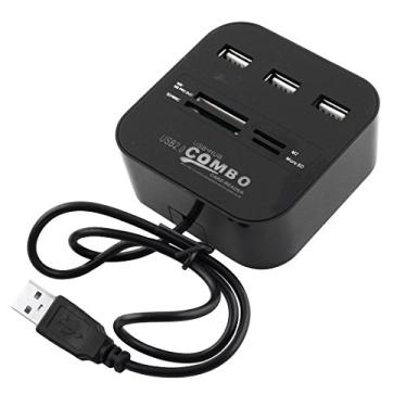 Imagem de uxcell Luz LED azul 3 portas USB 2.0 HUB TF combo leitor de cartão multifuncional preto