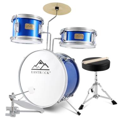 Imagem de EASTROCK Conjunto de bateria infantil, 3 peças de 35,5 cm para baterista, iniciante, bateria para crianças de 5 a 7 anos com trono ajustável, prato, pedal, baquetas (azul escuro)