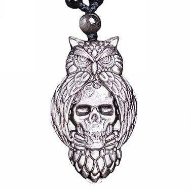 Imagem de HLbshi Colar de coruja de caveira obsidiana de cristal natural com pingente de amuleto com corrente ajustável, Cristal, Obsidiana