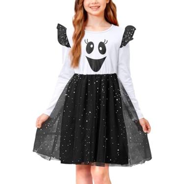 Imagem de IIMMER Vestido fofo de tule de Halloween para meninas com manga de babados e saia tutu brilhante 4-12 anos, Branco | Rosto sorridente, 8 Anos