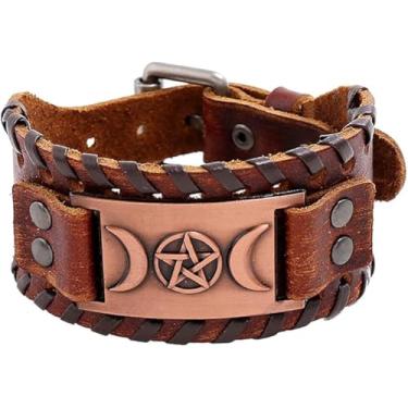 Imagem de NIGHTCRUZ Pulseira de couro Deusa da Lua Tripla - Pulseira de couro de bruxa - Pulseira de pentagrama Wicca, Large, Couro, Sem Pedra Preciosa