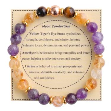 Imagem de KSQS Pulseira feminina de contas de pedras curativas, pulseira de proteção de equilíbrio de pedras preciosas naturais, pulseira de contas de cristal espiritual para alívio da ansiedade com cartão de