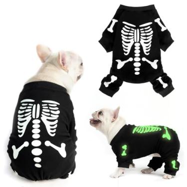 Imagem de EXPAWLORER Pijama de Halloween para cães, fantasia de esqueleto que brilha no escuro, quente, macio e elástico para inverno, suéter com mangas para meninos, meninas, gatos, PP
