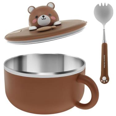 Imagem de Tigela de ramen de 1200 ml com tampa, tigela de cozimento ramen de urso de desenho animado com alça e garfo, tigela de macarrão isolada, tigela prática de servir instantaneamente com orifícios de ar