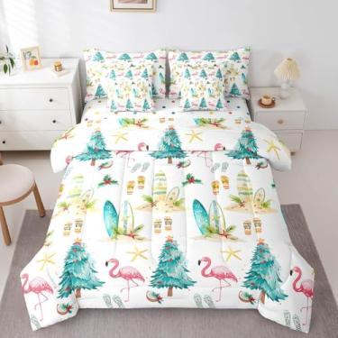 Imagem de Conjunto de edredom completo de árvore de Natal, tema de Natal, flamingo, prancha de surfe, para decoração de quarto de crianças, meninas, praia, praia, lençol com edredom, lençóis e fronhas
