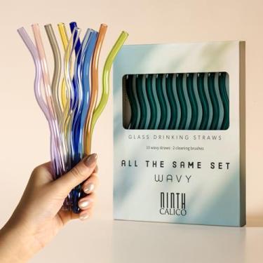 Imagem de Pacote com 10 canudos de vidro ondulados reutilizáveis – Coloridos, duráveis, resistentes a quebras – Inclui 10 canudos ondulados e 2 escovas de limpeza – para smoothies, café gelado (verde floresta)