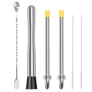 Imagem de blackonvlm Colher de mistura e coqueteleira de aço inoxidável de 25,4 cm, conjunto de ferramentas de bar doméstico com 6 peças, mojitos, caipirinhas, frutas, ervas, especiarias, bebidas, muddler