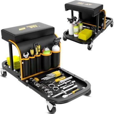 Imagem de Banqueta com rodas, banco de garagem com rodas, banco de garagem com rodas, banco de detalhes automotivos com bandeja de ferramentas para garagem, oficina, casa, jardim, DIY, capacidade de 136 kg