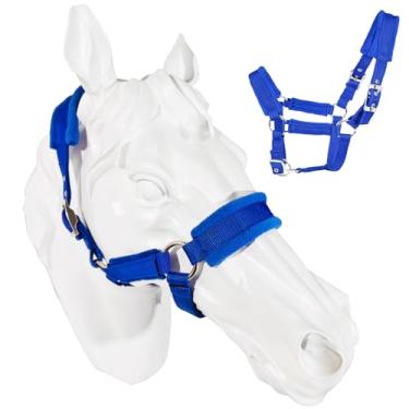 Imagem de perixir Cabresto de cavalo ajustável com forro de lã polar, frente única separada com ferragens para manchas, cabides de equitação equestre (azul, pequeno)