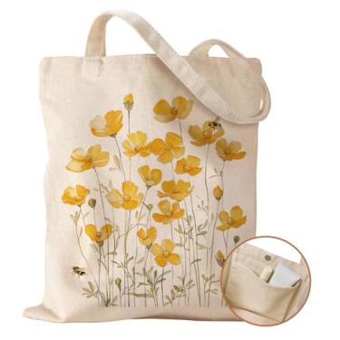 Imagem de Miss Adola Bolsa feminina estética de algodão com fivela magnética e bolso interno para mulheres, bolsa de algodão para compras, academia, trabalho, viagens, biblioteca, flor amarela