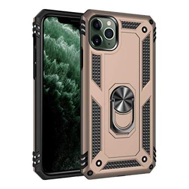 Imagem de SORAKA Capa para iPhone 11 Pro Max com suporte de anel capa armadura para iPhone 11 Pro Max capa traseira de policarbonato rígido com placa de metal para suporte magnético de telefone carro dourado