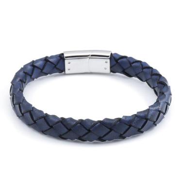 Imagem de Bracelete Rosso Aço 20Cm Couro Azul Trançado10Mm Fecho Steel