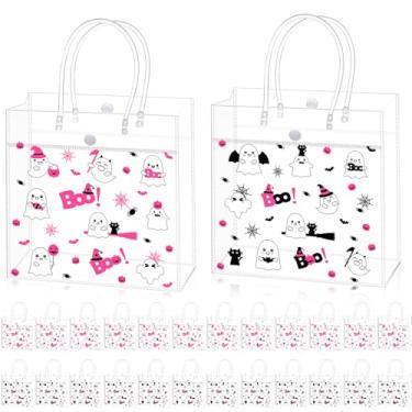 Imagem de Shinylin 24 peças de sacolas transparentes de presente de Halloween com alça PVC transparente rosa e preto para doces biscoitos guloseimas lembrancinhas de festa de Halloween, morcegos fantasmas boo