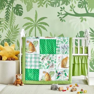 Imagem de Jogo de cama com estampa de floresta, xadrez, floresta, 3 peças, lençol com elástico e saia para cama, folhas verdes com tigre, leopardo, elefante, preguiça, animal