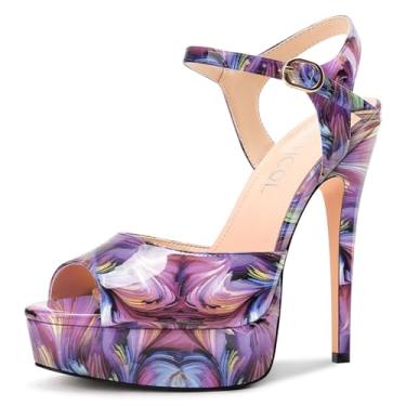 Imagem de Aachcol Sandália feminina peep toe plataforma salto alto tira no tornozelo salto alto salto alto sapato vestido de formatura 5,1 polegadas salto, Roxo, multicolorido, 40