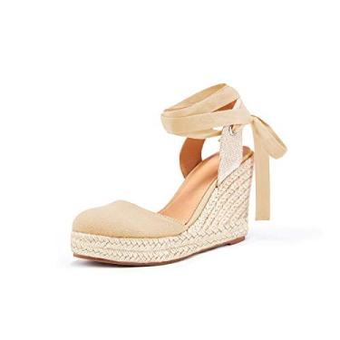 Imagem de Sandálias femininas tipo alpargata, bico fechado, com cadarço, plataforma no tornozelo, sapatos casuais de verão, Cinzento-acastan, 41