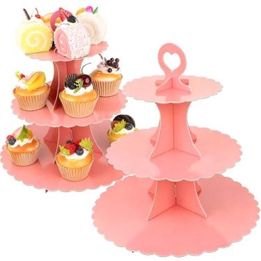 Imagem de Suporte de cupcake de 3 camadas, pacote com 2 unidades, suporte de sobremesa, suporte de bolo, torre, papel redondo, prato de servir para aniversário, batizado, suporte de confeitaria descartável para