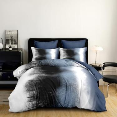 Imagem de CCoutueChen Conjunto de edredom minimalista gradiente, tamanho queen, preto, azul, tie-dye com 2 fronhas, conjunto de cama acolchoada de microfibra macia e quente para todas as estações/90 x 90