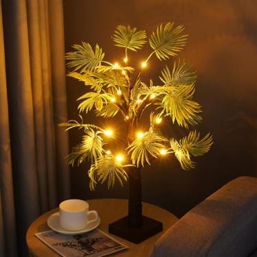 Imagem de Árvores iluminadas para decoração de interiores, palmeira iluminada de 60 cm com luzes de LED, lâmpada de árvore iluminada por USB/temporizador alimentado por bateria, árvores artificiais para mesa e