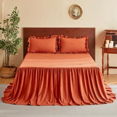 Imagem de MR&HM Conjunto de colcha com saia de babados de microfibra escovada – 76 cm de comprimento, 2 peças de solteiro, colcha de cama estilo chique gasto de terracota, colcha e fronhas macias do campo