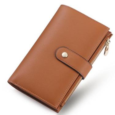 Imagem de Carteira de couro feminina com bloqueio de RFID com três dobras e supo