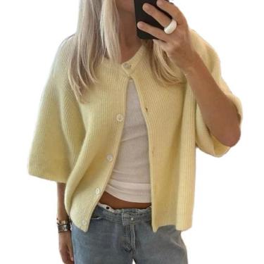 Imagem de Blusa feminina KMBANGI tricotada de manga curta amarela S