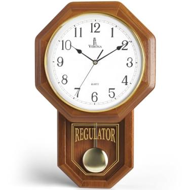 Imagem de Relógio de parede com pêndulo operado por bateria - Relógio regulador de madeira real 45,7 x 28,7 cm - Design de casa escolar com pêndulo - Silencioso, sem carrilhão - Decoração de parede de madeira