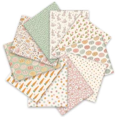 Imagem de Whaline 10 pacotes de tecido de algodão da Páscoa, 25,4 x 25,4 cm, coelhinho da Páscoa, ovo, cenoura, flor, quartos gordos, pastel, pastel, primavera, quilting, patchwork, para decoração de festa