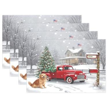 Imagem de Jogo americano Golden Retriever para caminhão de Natal, conjunto de 6 tapetes de mesa de natal com árvore de inverno, vermelho, carro, cães, tapete de mesa de serapilheira, tapete de cozinha