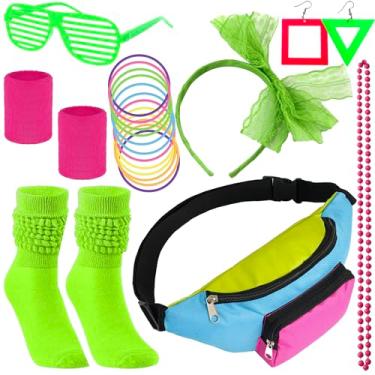 Imagem de YAROMO Acessórios de fantasia dos anos 80, pochete dos anos 80, faixa de cabelo, luvas arrastão pulseiras, brincos, colar e meias para mulheres (verde)