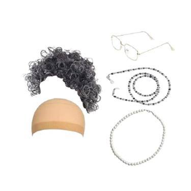 Imagem de oshhni Conjunto de fantasia de senhora idosa, peruca de vovó fácil de usar, colar realista, peruca, boné, óculos de vovó para baile de máscaras, festa de fim, Preto Cinza Cacheado