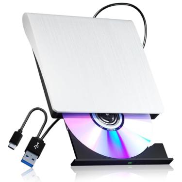 Imagem de Unidade externa de DVD USB 3.0 Tipo-C gravador de CD DVD para laptop, PC, Mac, compatível com Windows 11/10/8/7, leitor de disco óptico portátil Plug and Play (branco)