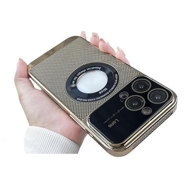 Imagem de Doulings Capa magnética para iPhone 15, compatível com MagSafe, dissipação de calor galvanizada respirável, visor de logotipo, protetor de lente de câmera de grau militar, dourado