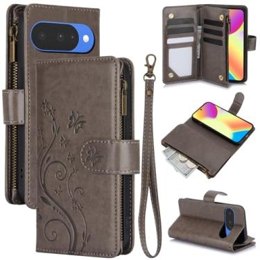 Imagem de Capa carteira para Google Pixel 9 Pro, couro sintético e TPU à prova de choque, 6 compartimentos para cartões/compartimento para dinheiro/bolso com zíper, fecho magnético, alça de pulso removível