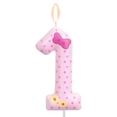Imagem de Velas de Aniversário com Laço Rosa, Velas Rosa e Brancas de Bolinhas Gato Desenho Animado Decoração Bolo Topo Vela para Meninas Mulheres Casamento Aniversário Festa (Número 1)