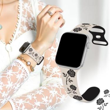 Imagem de Pulseira de silicone com gravação floral para Apple Watch, pulseira de substituição macia e confortável com padrão rosa (Starlight Black 41)