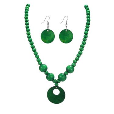 Imagem de KZL Conjunto de brincos com pingente de contas de madeira vintage redondo boêmio colorido contas de madeira natural suéter gargantilha colar declaração conjunto de joias étnicas para mulheres, Madeira