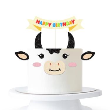 Imagem de Cow Happy Birthday Cake Topper,Cow Nose Ears Cake Decorations Set, Farm Zoo Animal Themed Baby Shower Birthday Party Decorations