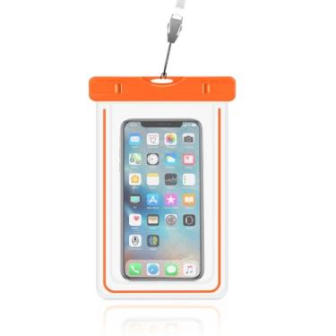 Imagem de Bolsa impermeável para celular com tiras brilhantes de até 17 cm, compatível com iPhone 16 15 14/S24 Ultra/Pixel 8, bolsa de telefone à prova d'água para praia e piscina com cordão (1 pacote laranja)