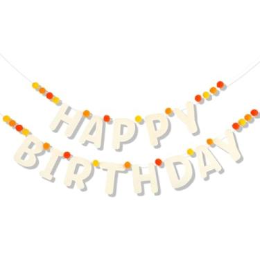 Imagem de Faixa de feltro de feliz aniversário com pompons, placas de feliz aniversário, reutilizáveis, decorações de aniversário, banners de bola e letras para adereços de fotos, guirlanda de festa de