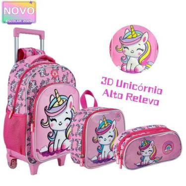 Imagem de Kit Mochila Rodinha 3D Unicórnio Alto Relevo Com Lancheira Térmica Est