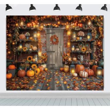 Imagem de ZhrGoflli Cenário de outono para fotografia 3 x 2,4 m outono folhas de bordo abóbora rústica porta celeiro fundo reutilizável grande decorações de festa retrato vídeo sessão de fotos fundo