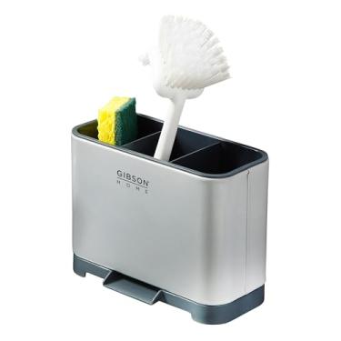 Imagem de Gibson Home Ledgebrook Organizador de pia com painel de metal, suporte de esponja para pia de cozinha, organizador de bancada e itens essenciais de armazenamento com placa de drenagem