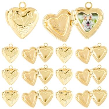 Imagem de SUNNYCLUE 20 peças de porta-retratos com pingente de coração pingente de medalhão de latão dourado metal em forma de amor com memória aberta pingentes para fazer joias, colar, brincos, chaveiro, bolsa