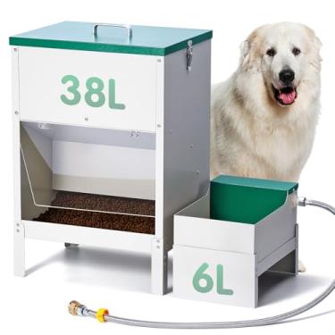 Imagem de Alimentador automático para cães de raças grandes e dispensador de água, bebedouro automático para cães de 6 L, 38L, grande capacidade, alimentador de alimentos secos e tigela de água com suporte de
