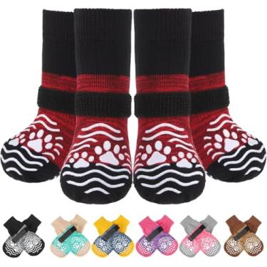 Imagem de PUPTECK Meias antiderrapantes para cães, sapatos com garras para evitar lamber a tração de pisos de madeira, botas de borracha e protetores de patas, botas vermelhas para cães idosos
