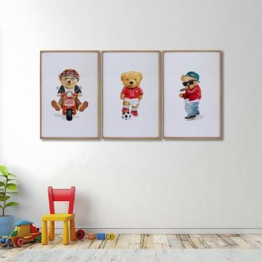 Imagem de Quadro Decorativo Infantil Ursinhos Estilosos 3 Telas 60x90 para Quart