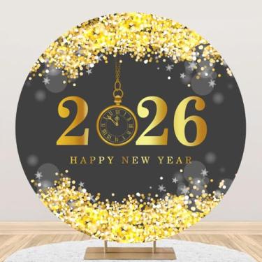 Imagem de DORCEV 2,2 x 2,2 m Feliz Ano Novo 2026 capa de fundo redondo luxo preto dourado relógio fotografia fundo bokeh glitter lantejoulas véspera de ano novo faixa de festa de Natal adereços de retrato de